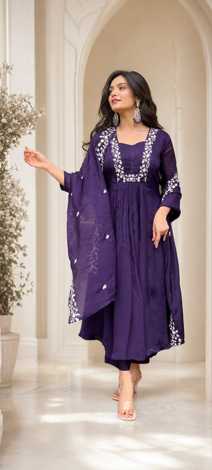 Amethyst Bloom — flowing amethyst suit with ivory floral embroidery, d'Trenz Nandyal