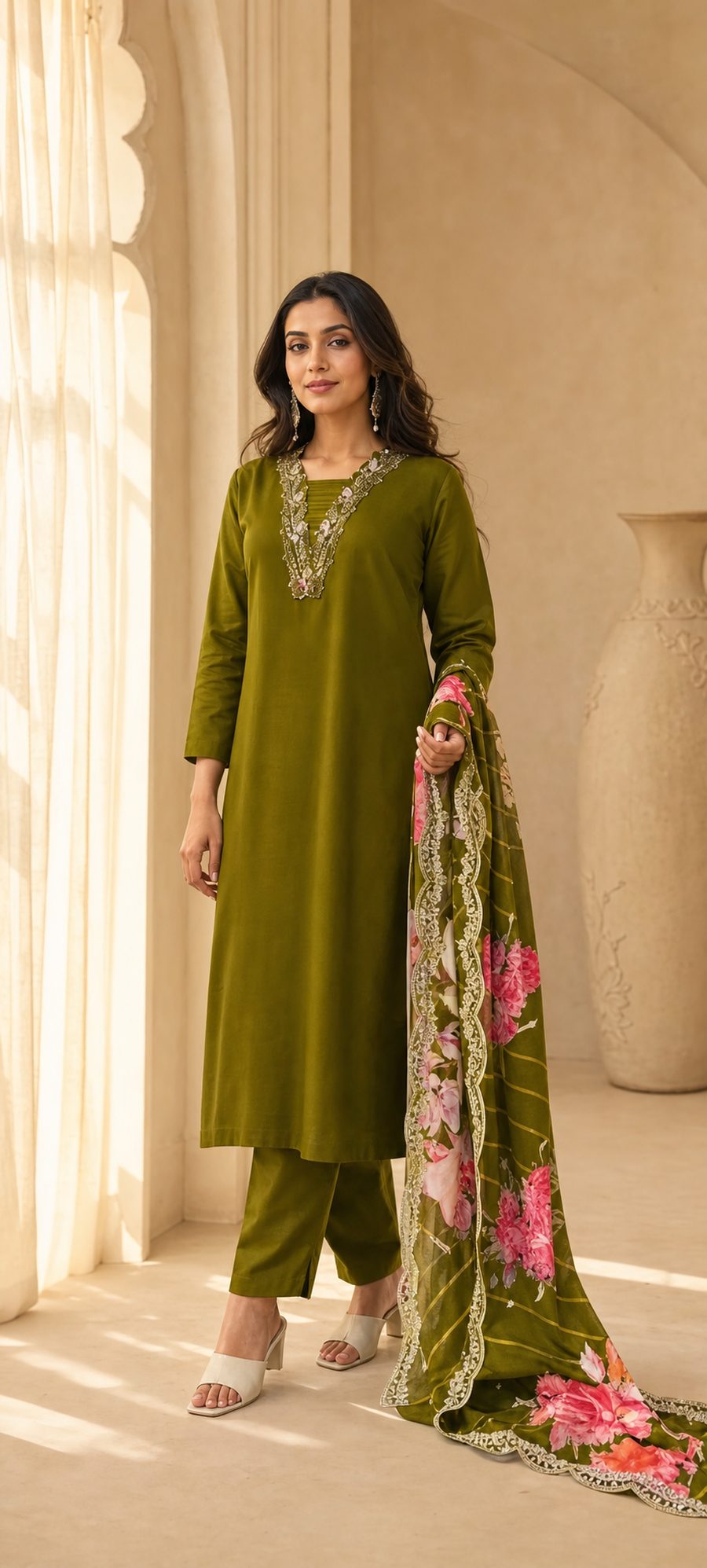 Olive Reverie — olive straight-cut suit with ornate neckline embroidery and floral dupatta, d'Trenz Nandyal