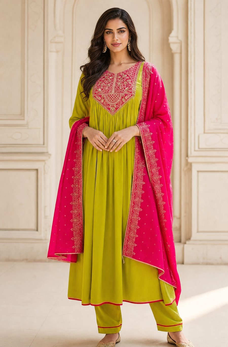 Rani Lime — electric lime and rani pink ensemble with regal detailing, d'Trenz Nandyal