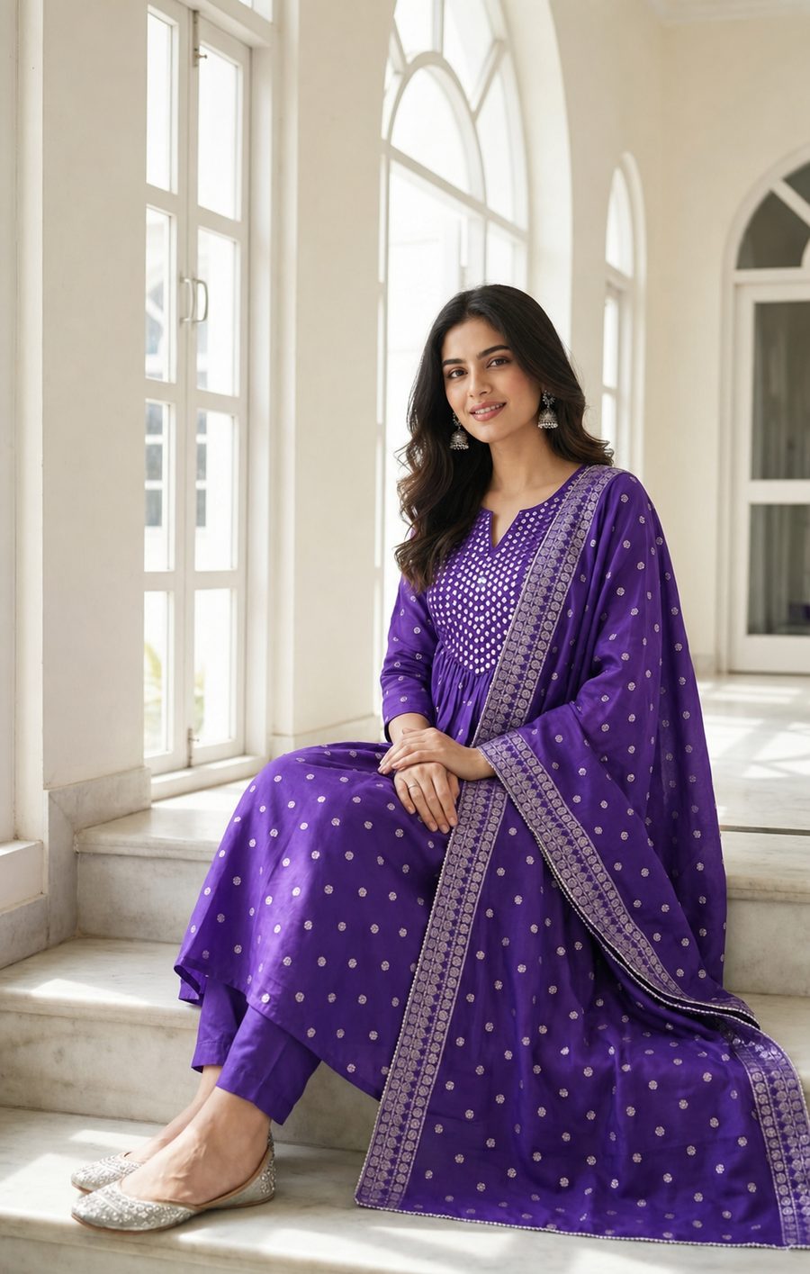 Royal Violet — jewel-toned violet suit with dotted motifs and refined border, d'Trenz Nandyal