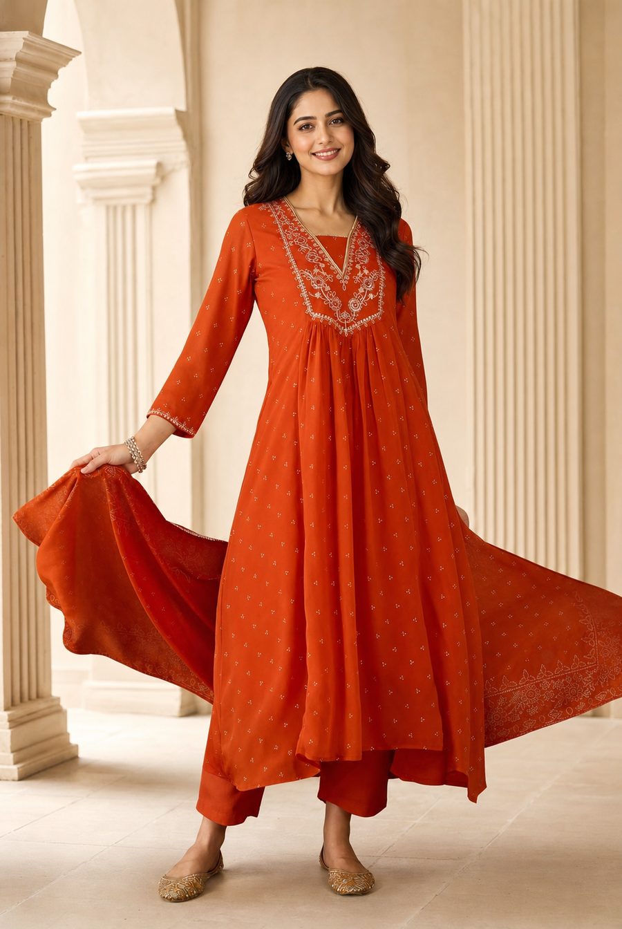 Vermilion Air — flowing vermilion anarkali with scattered motifs, d'Trenz Nandyal