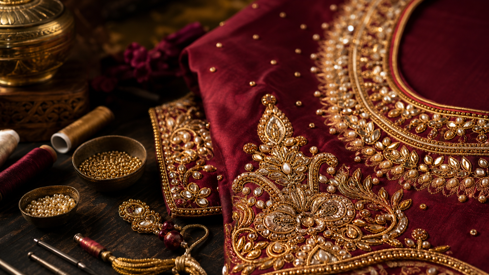 Magam work embroidery — traditional Andhra blouse art cinematic cover